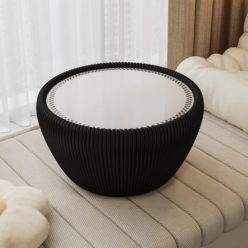 Table basse moderne minimaliste ronde en verre trempé et cuir PU 1 niveau pour salon 