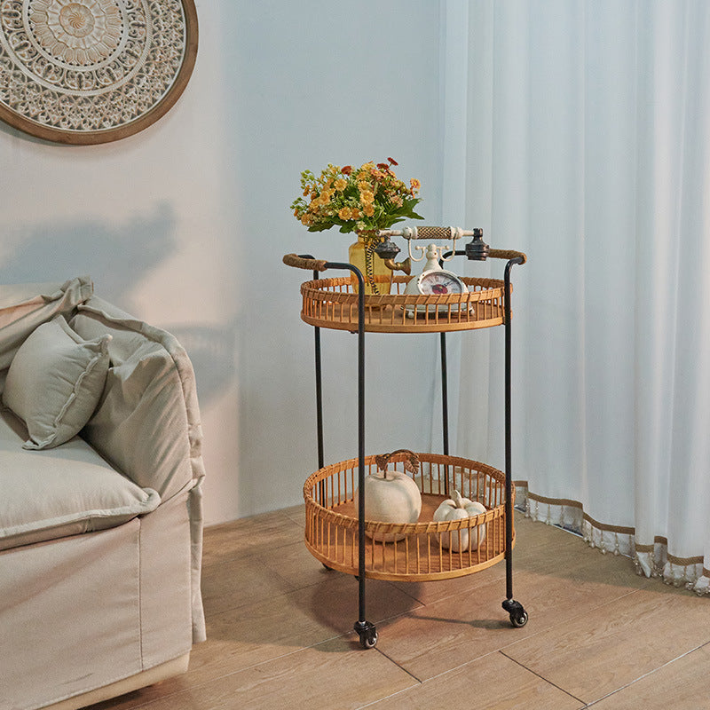 Traditional Rustic Round Bamboo Weaving Iron Movable End Table 2-Tier For Living Room