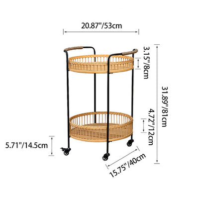 Traditional Rustic Round Bamboo Weaving Iron Movable End Table 2-Tier For Living Room