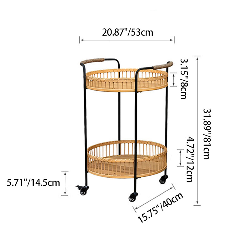 Traditional Rustic Round Bamboo Weaving Iron Movable End Table 2-Tier For Living Room