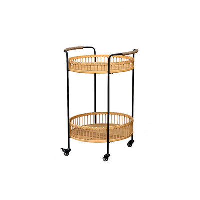 Traditional Rustic Round Bamboo Weaving Iron Movable End Table 2-Tier For Living Room
