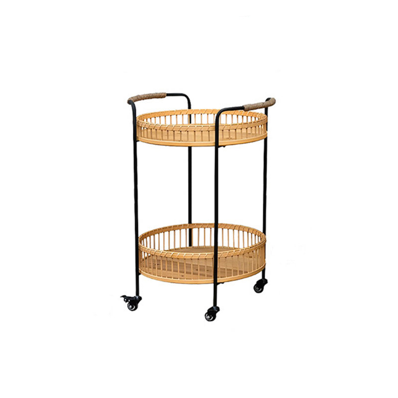 Traditional Rustic Round Bamboo Weaving Iron Movable End Table 2-Tier For Living Room