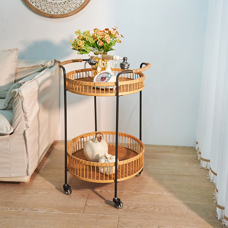 Traditional Rustic Round Bamboo Weaving Iron Movable End Table 2-Tier For Living Room