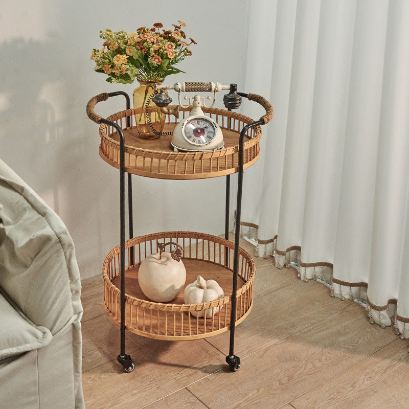 Traditional Rustic Round Bamboo Weaving Iron Movable End Table 2-Tier For Living Room