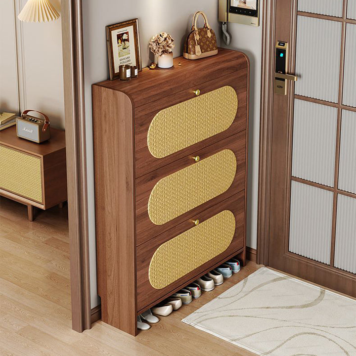 Traditionelles Vintage-Rechteck MDF & Kunstleder Weben Schuhregal 3-stufig für Eingangsbereiche 