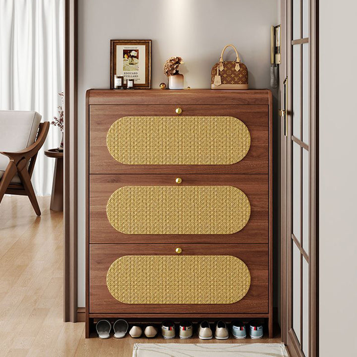 Traditionelles Vintage-Rechteck MDF & Kunstleder Weben Schuhregal 3-stufig für Eingangsbereiche 