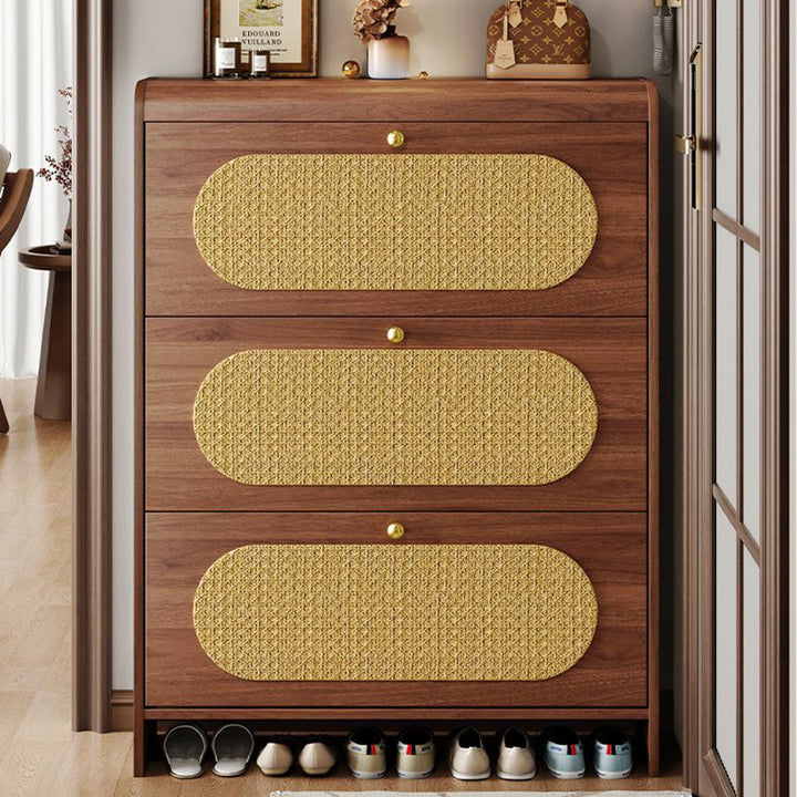 Traditionelles Vintage-Rechteck MDF & Kunstleder Weben Schuhregal 3-stufig für Eingangsbereiche 