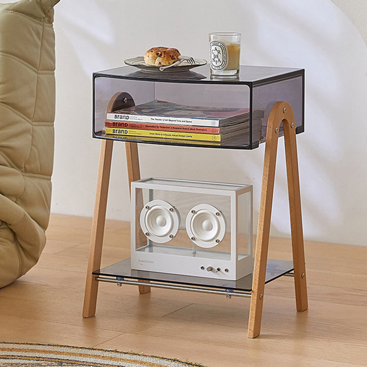 Modern Minimalist Rectangle Acrylic Beech Wood End Table 2-Tier For Living Room