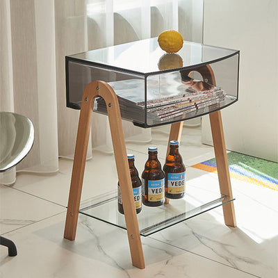Mesa Auxiliar Moderna Minimalista Rectangular de Acrílico y Madera de Haya de 2 Niveles para Sala de Estar 
