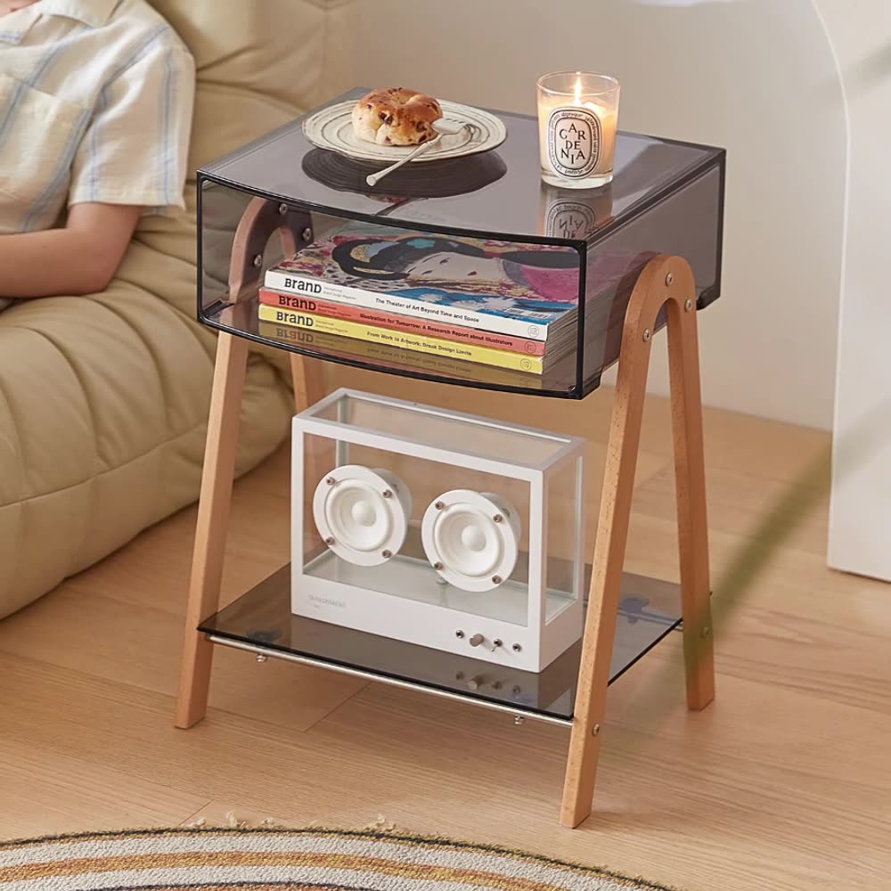 Modern Minimalist Rectangle Acrylic Beech Wood End Table 2-Tier For Living Room