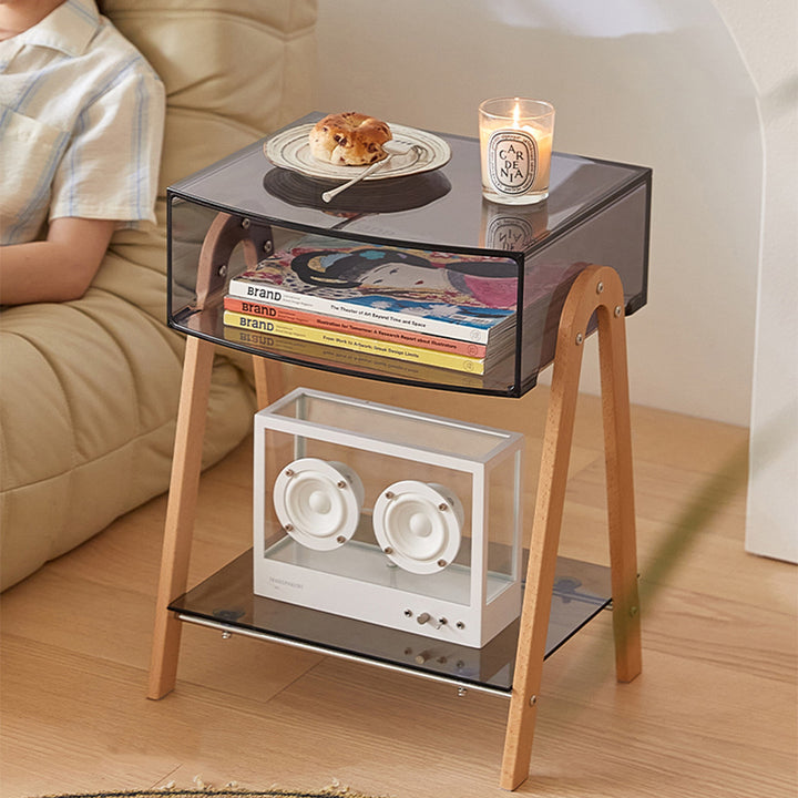 Modern Minimalist Rectangle Acrylic Beech Wood End Table 2-Tier For Living Room