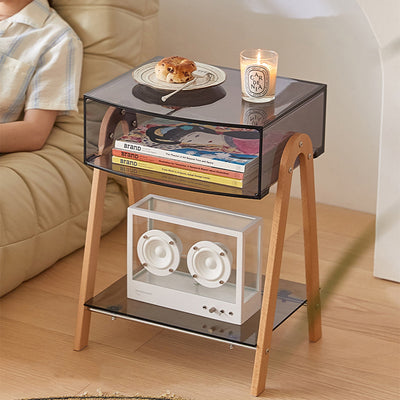 Mesa Auxiliar Moderna Minimalista Rectangular de Acrílico y Madera de Haya de 2 Niveles para Sala de Estar 
