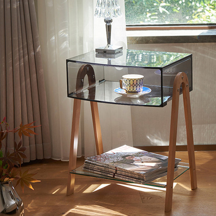 Modern Minimalist Rectangle Acrylic Beech Wood End Table 2-Tier For Living Room
