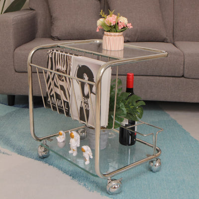 Mesa Auxiliar Movible de Vidrio y Acero Inoxidable Rectangular de Simplicidad Moderna de 4 Niveles para Sala de Estar 
