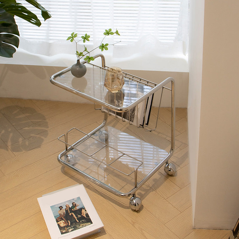 Mesa Auxiliar Movible de Vidrio y Acero Inoxidable Rectangular de Simplicidad Moderna de 4 Niveles para Sala de Estar 