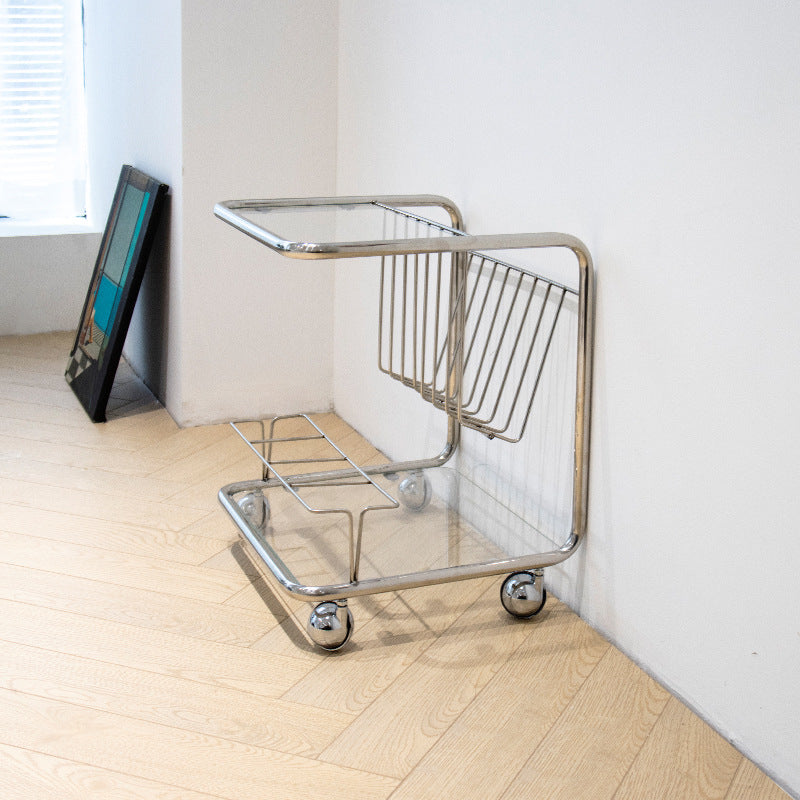 Mesa Auxiliar Movible de Vidrio y Acero Inoxidable Rectangular de Simplicidad Moderna de 4 Niveles para Sala de Estar 