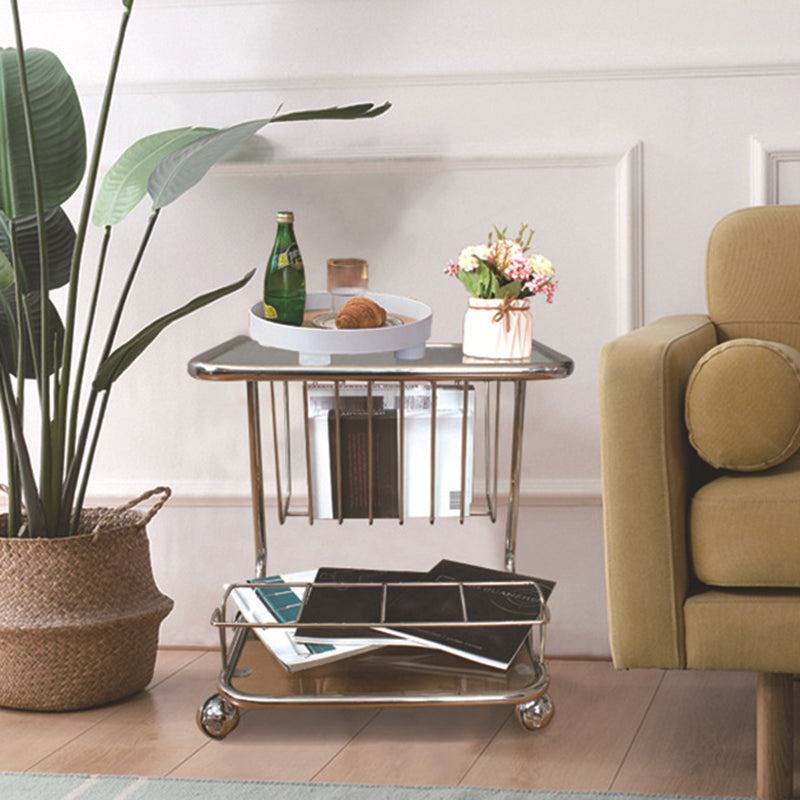 Mesa Auxiliar Movible de Vidrio y Acero Inoxidable Rectangular de Simplicidad Moderna de 4 Niveles para Sala de Estar 