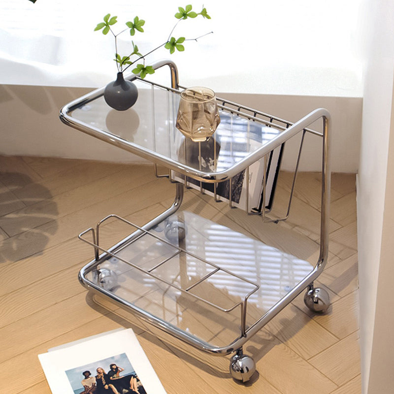 Mesa Auxiliar Movible de Vidrio y Acero Inoxidable Rectangular de Simplicidad Moderna de 4 Niveles para Sala de Estar 