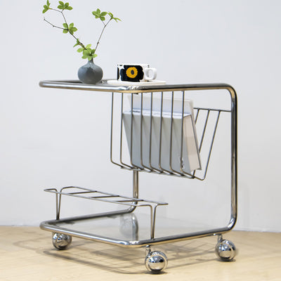 Mesa Auxiliar Movible de Vidrio y Acero Inoxidable Rectangular de Simplicidad Moderna de 4 Niveles para Sala de Estar 
