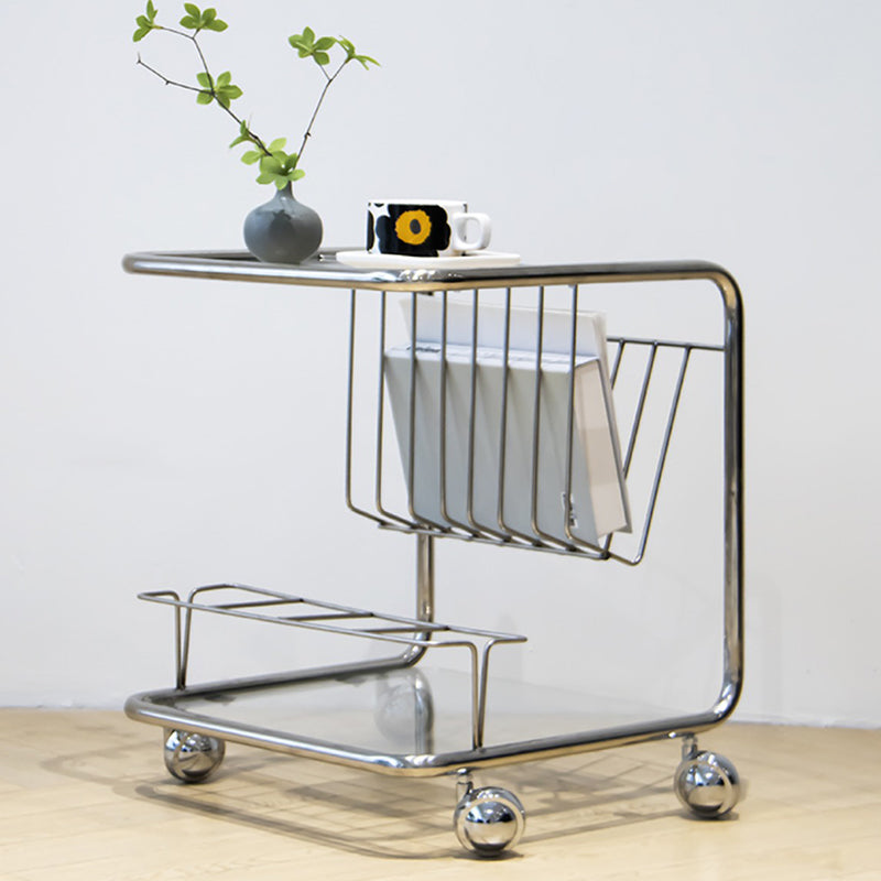Mesa Auxiliar Movible de Vidrio y Acero Inoxidable Rectangular de Simplicidad Moderna de 4 Niveles para Sala de Estar 