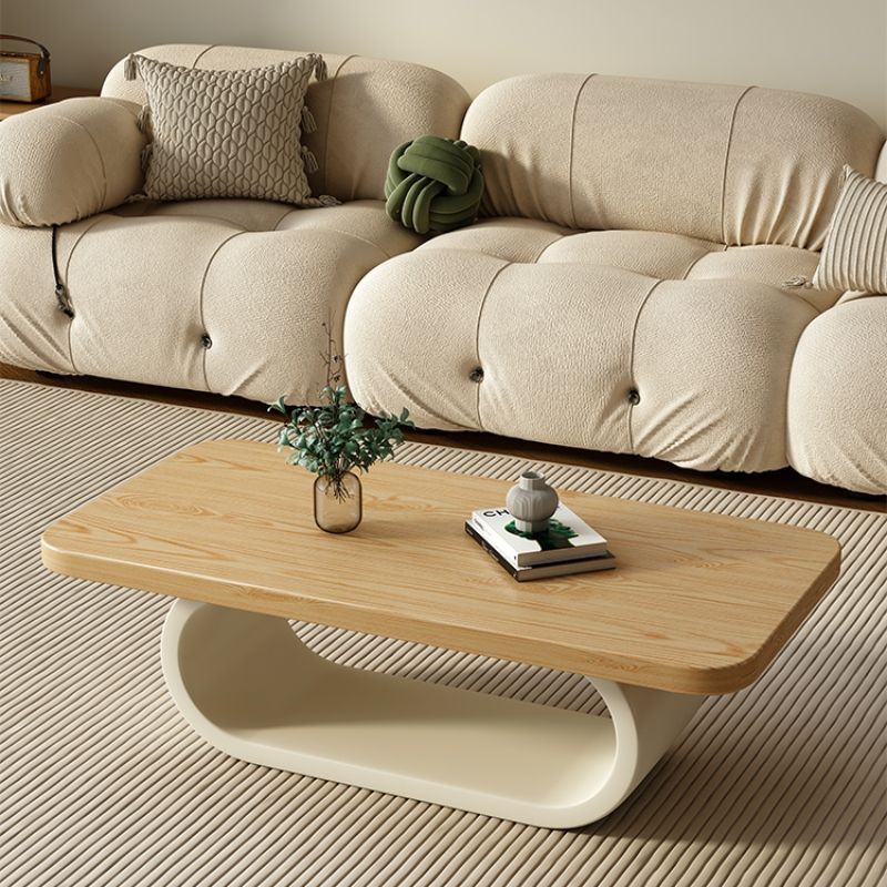 Modern Minimalist Rectangle Oval Pine Wood Iron Carbon Steel 2-Tier Coffee Table For Living Room