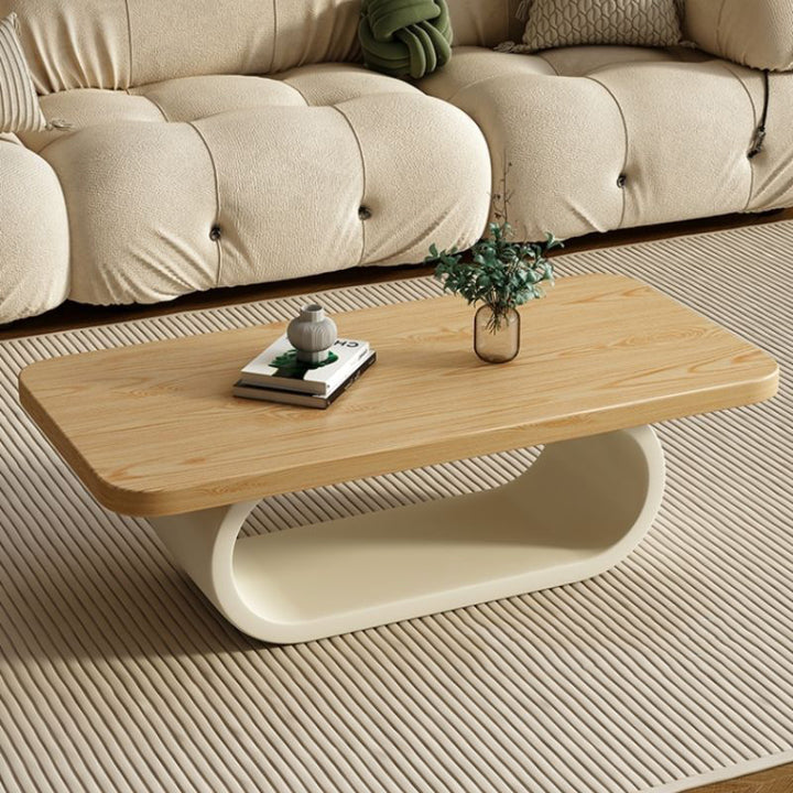 Modern Minimalist Rectangle Oval Pine Wood Iron 2-Tier Coffee Table For Living Room