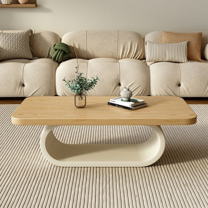 Modern Minimalist Rectangle Oval Pine Wood Iron 2-Tier Coffee Table For Living Room
