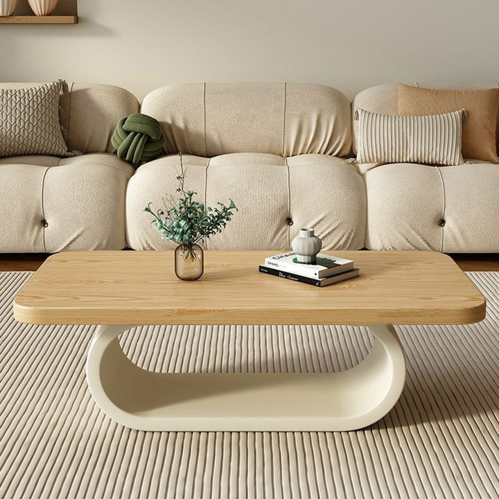 Modern Minimalist Rectangle Oval Pine Wood Iron 2-Tier Coffee Table For Living Room