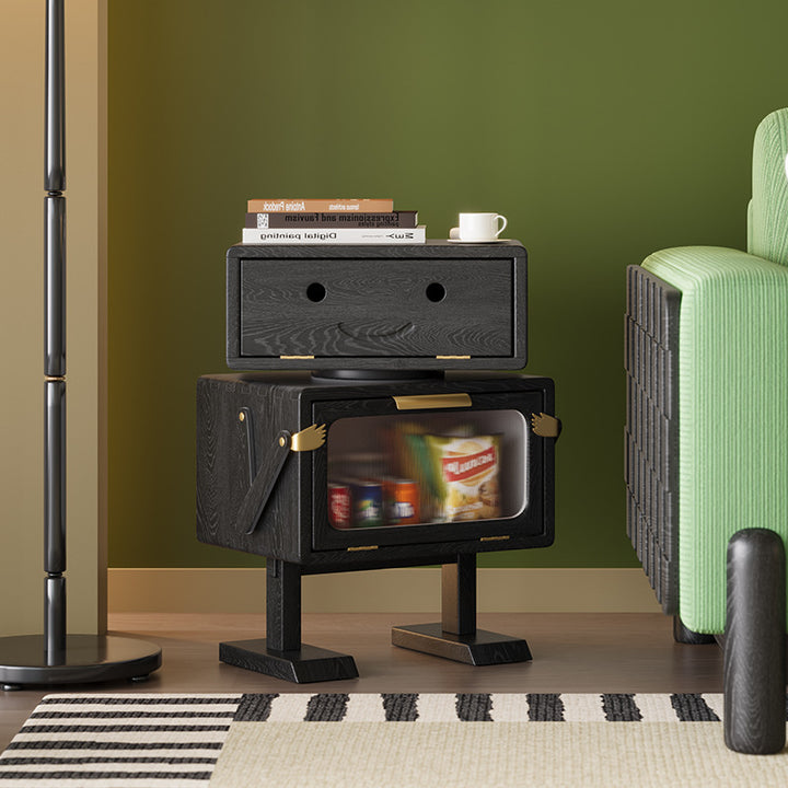 モダンアールデコキッズロボットラバウッドアクリルプラスチック回転式ナイトスタンド2引き出し寝室用 