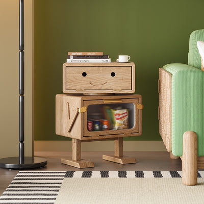 Modern Art Deco Kids Robot Rubberwood Acrylic Plastic Rotatable Nightstand 2-Drawer For Bedroom