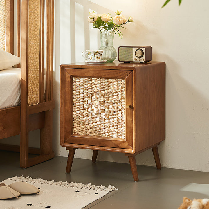 Chevet traditionnel rustique carré en frêne massif, contreplaqué, tressage en corde, 2 tiroirs pour chambre à coucher 
