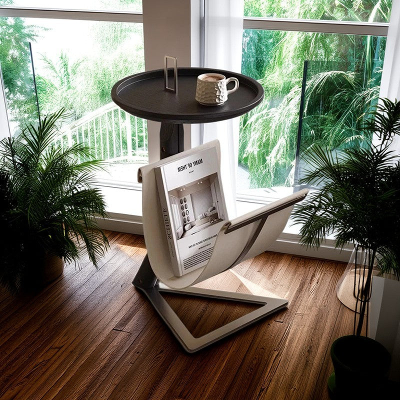 Table basse contemporaine créative ronde triangulaire en MDF et acier inoxydable avec cuir synthétique façon selle, à 2 niveaux pour salon 