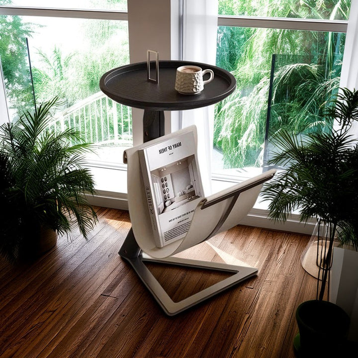 Table basse contemporaine créative ronde triangulaire en MDF et acier inoxydable avec cuir synthétique façon selle, à 2 niveaux pour salon 