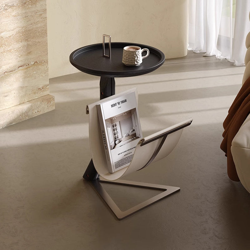 Table basse contemporaine créative ronde triangulaire en MDF et acier inoxydable avec cuir synthétique façon selle, à 2 niveaux pour salon 