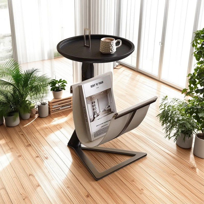 Table basse contemporaine créative ronde triangulaire en MDF et acier inoxydable avec cuir synthétique façon selle, à 2 niveaux pour salon 