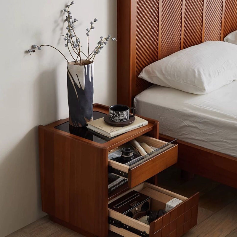 Table de nuit traditionnelle vintage carrée en bois de pin, bois de cerisier, verre et métal à 2 tiroirs pour chambre 