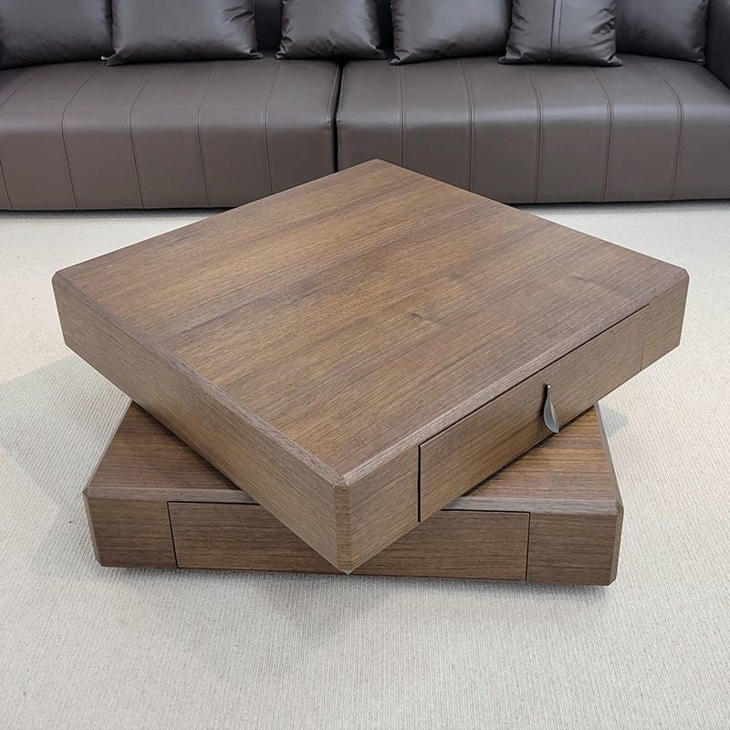 Traditional Vintage Square Pine Wood Stainless Steel Rotatable Coffee Table 2-Tier For Living Room