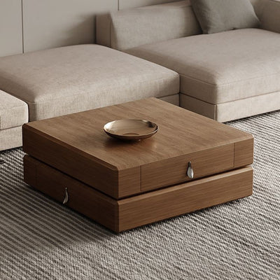 Traditional Vintage Square Pine Wood Stainless Steel Rotatable Coffee Table 2-Tier For Living Room