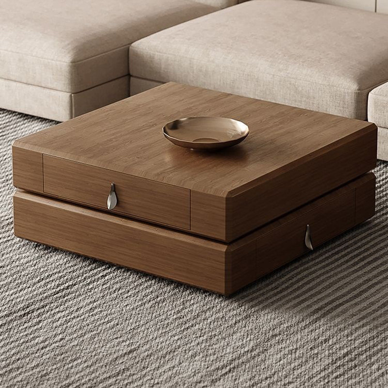 Traditional Vintage Square Pine Wood Stainless Steel Rotatable Coffee Table 2-Tier For Living Room