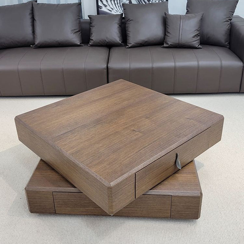 Traditional Vintage Square Pine Wood Stainless Steel Rotatable Coffee Table 2-Tier For Living Room