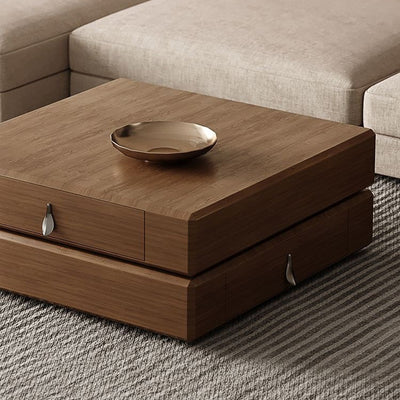 Traditional Vintage Square Pine Wood Stainless Steel Rotatable Coffee Table 2-Tier For Living Room
