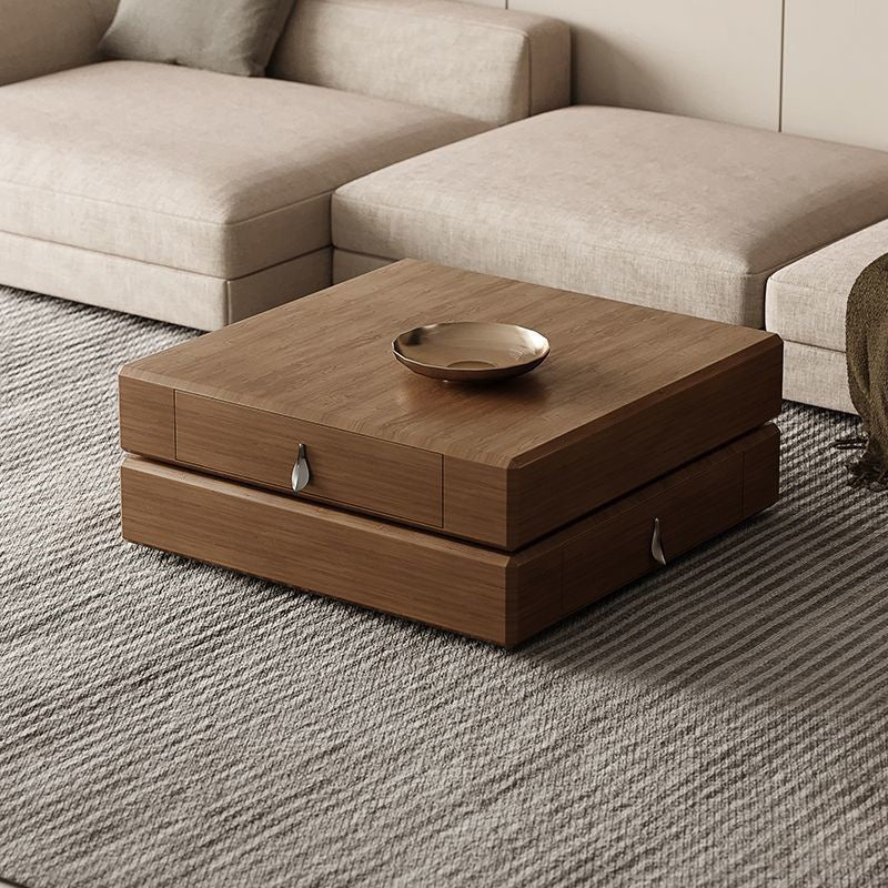 Traditional Vintage Square Pine Wood Stainless Steel Rotatable Coffee Table 2-Tier For Living Room