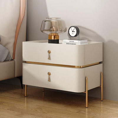 Contemporary Luxury Cuboid Rubberwood PU Leather Rock Board Carbon Steel Metal Nightstand 2-Drawer For Bedroom
