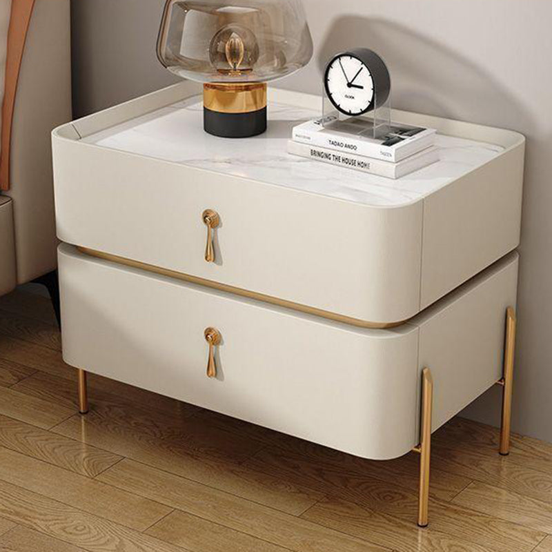 Contemporary Luxury Cuboid Rubberwood PU Leather Rock Board Carbon Steel Metal Nightstand 2-Drawer For Bedroom
