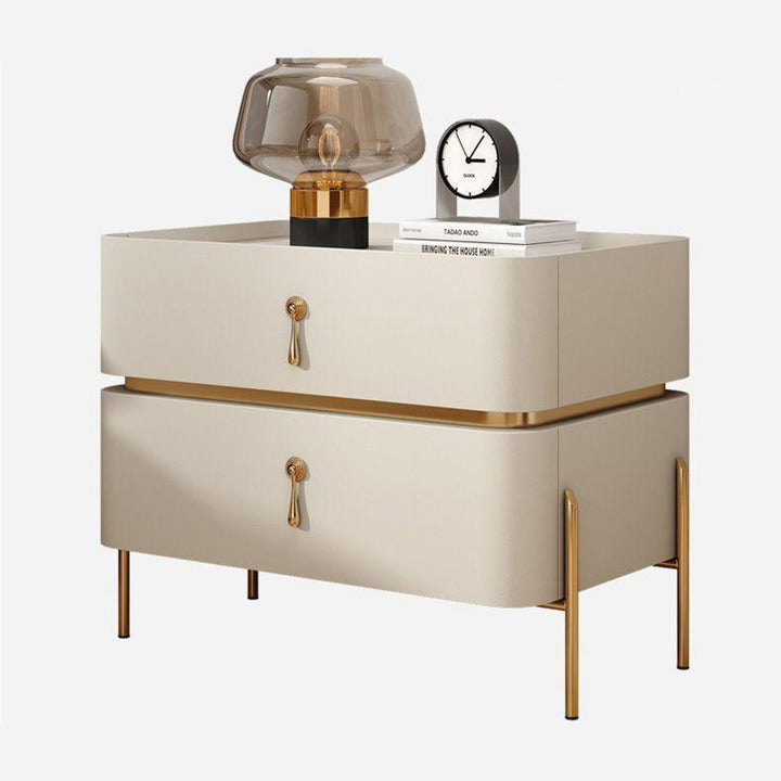 Table de chevet contemporaine de luxe cuboïde en MDF cuir PU panneau rock acier au carbone métal à 2 tiroirs pour chambre à coucher 