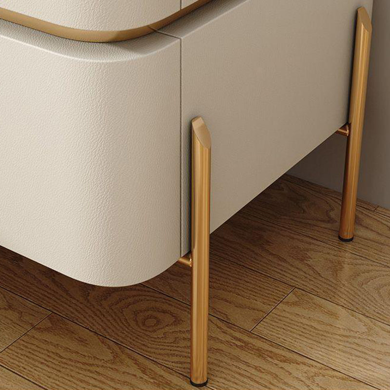 Contemporary Luxury Cuboid Rubberwood PU Leather Rock Board Carbon Steel Metal Nightstand 2-Drawer For Bedroom