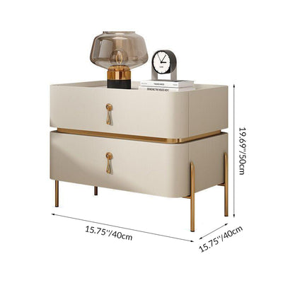Contemporary Luxury Cuboid Rubberwood PU Leather Rock Board Carbon Steel Metal Nightstand 2-Drawer For Bedroom