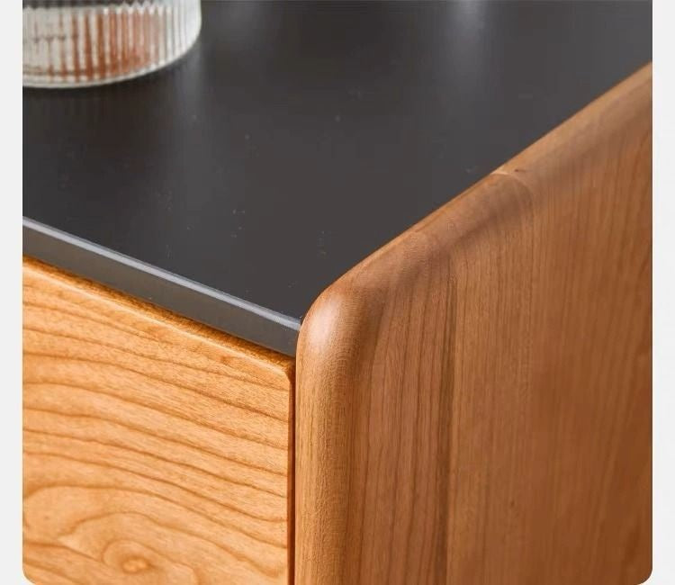 Modern Minimalist Square Rock Plate Pine Wood Cherry Wood Metal Nightstand 2-Drawer For Bedroom