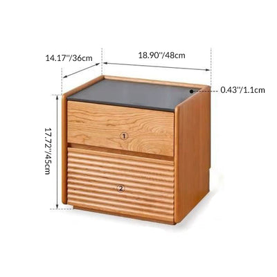 Modern Minimalist Square Rock Plate Pine Wood Cherry Wood Metal Nightstand 2-Drawer For Bedroom