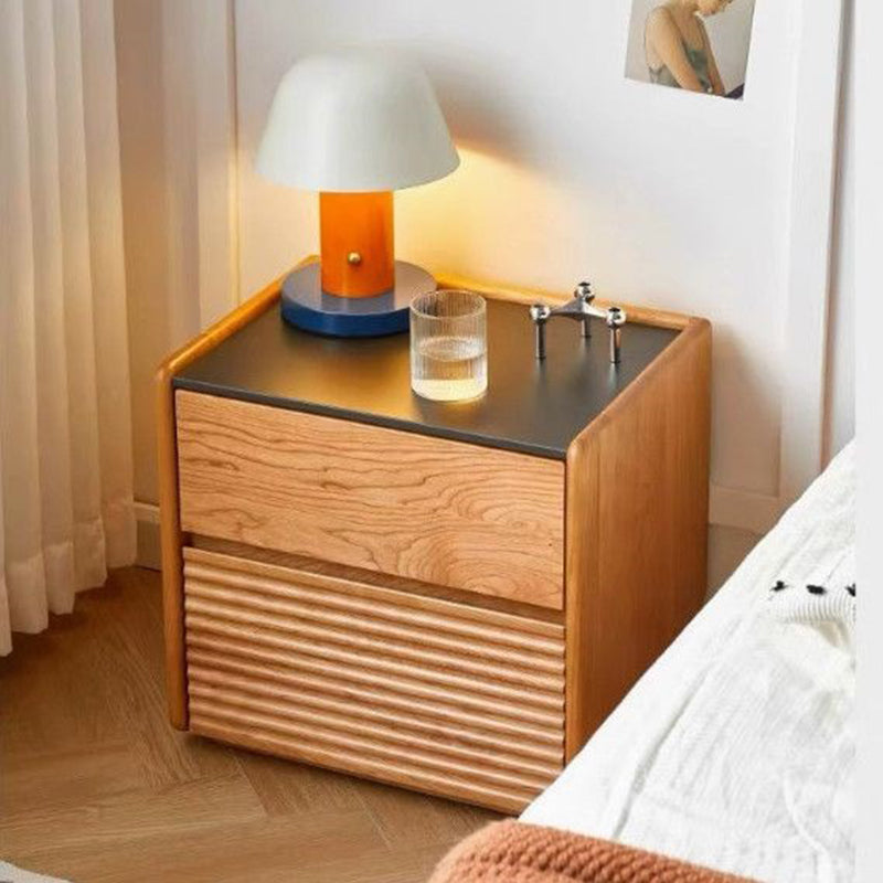 Modern Minimalist Square Rock Plate Pine Wood Cherry Wood Metal Nightstand 2-Drawer For Bedroom
